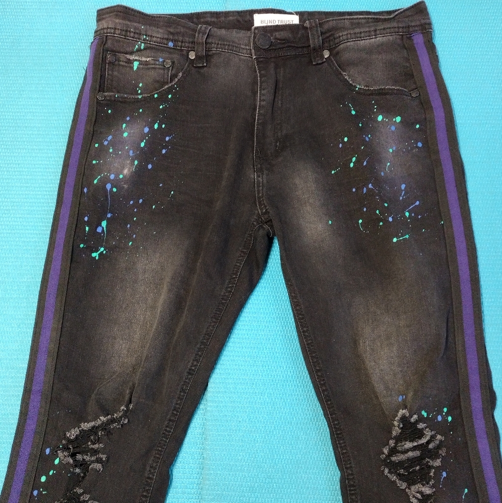 Blind Trust Mens Black Ripped Jeans Purple Stripe Paint Splatter Size 34 X32 - Picture 3 of 8
